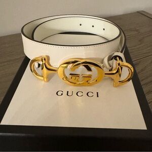 Gucci White Belt with Gold Buckle